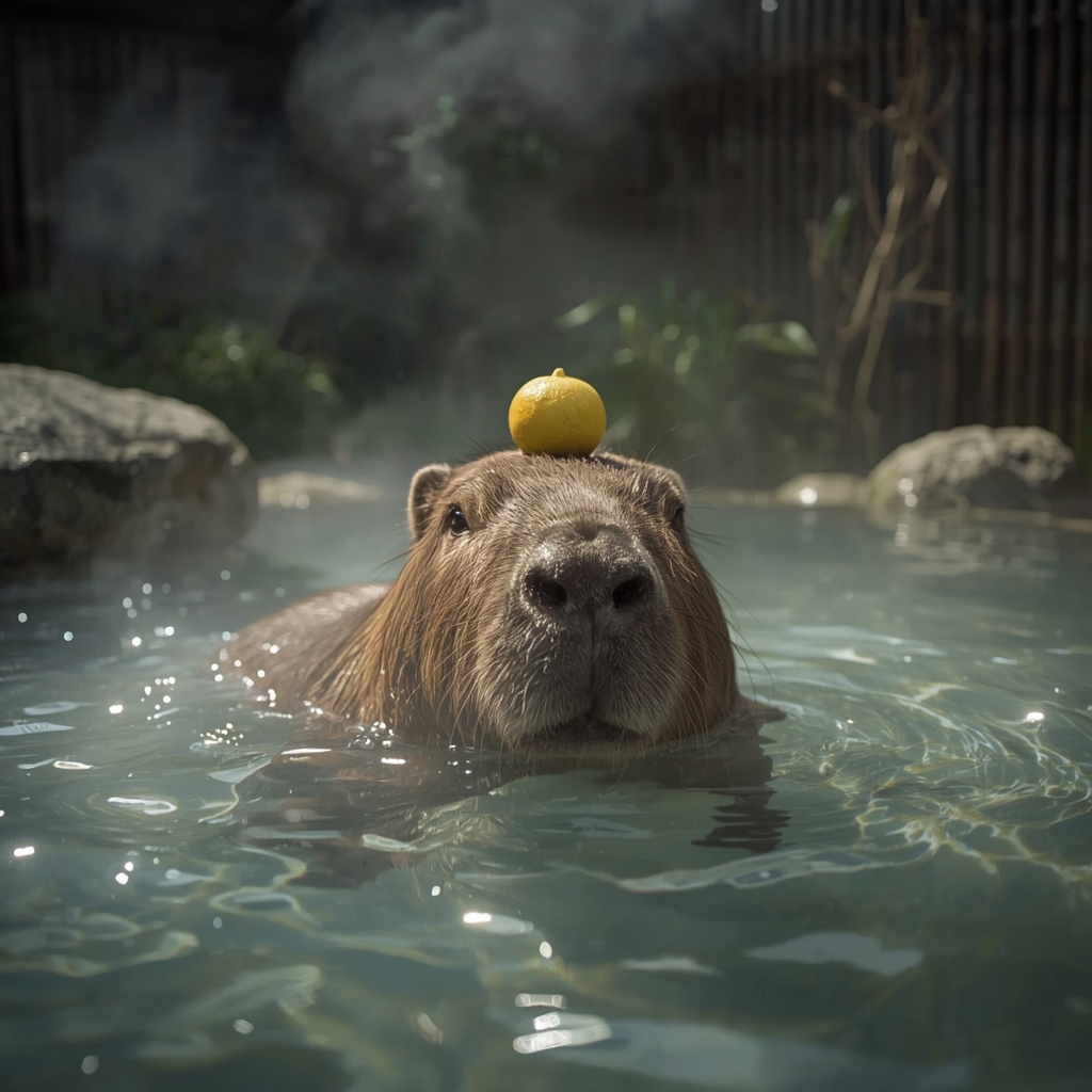 A calm capybara relaxes in a hot spring with a yuzu on its head