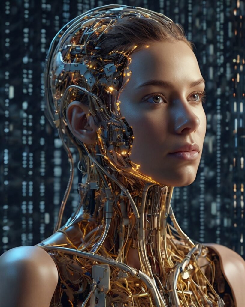 AI персонаж Cata с золотой проводкой и микросхемами вместо кожи