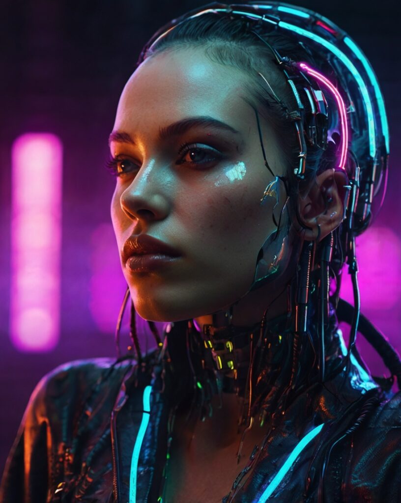 Профиль AI персонажа Cata с неоновыми кибернетическими имплантами на голове