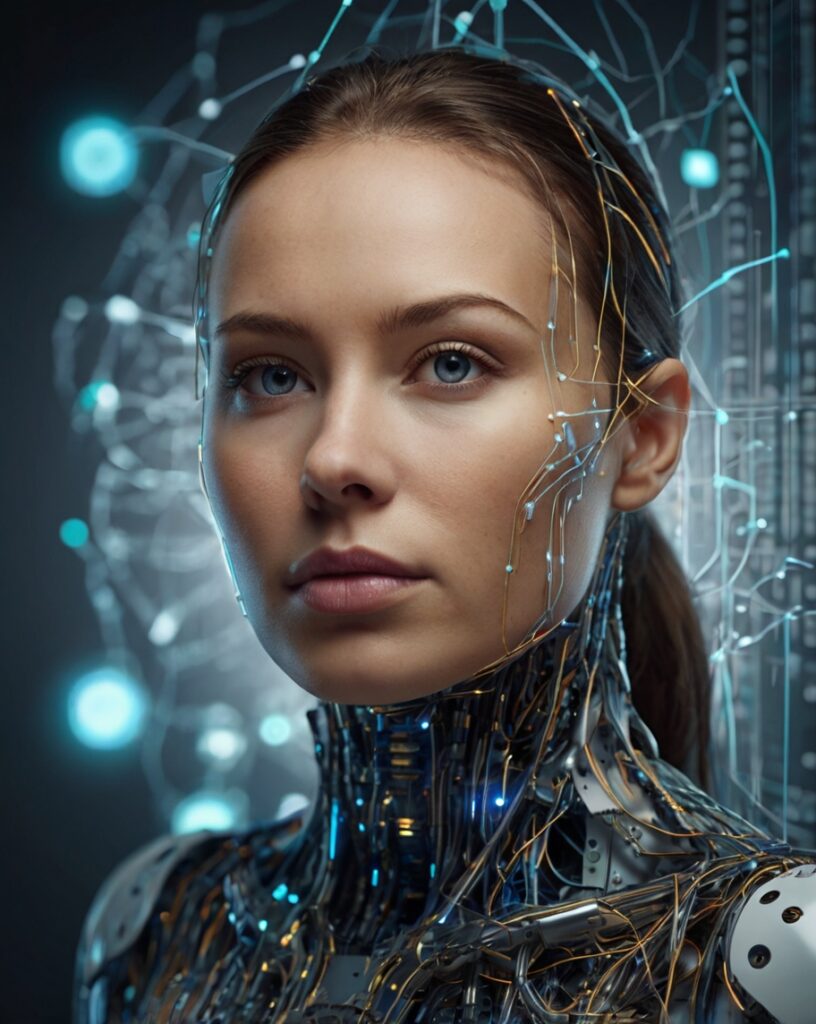 AI персонаж Cata с проводами и светящимися линиями на лице и шее