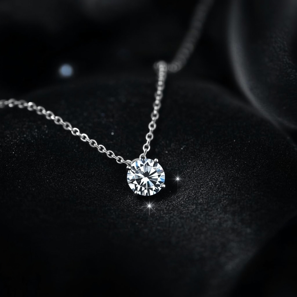 Серебряное колье с крупным круглым бриллиантом на черном бархате